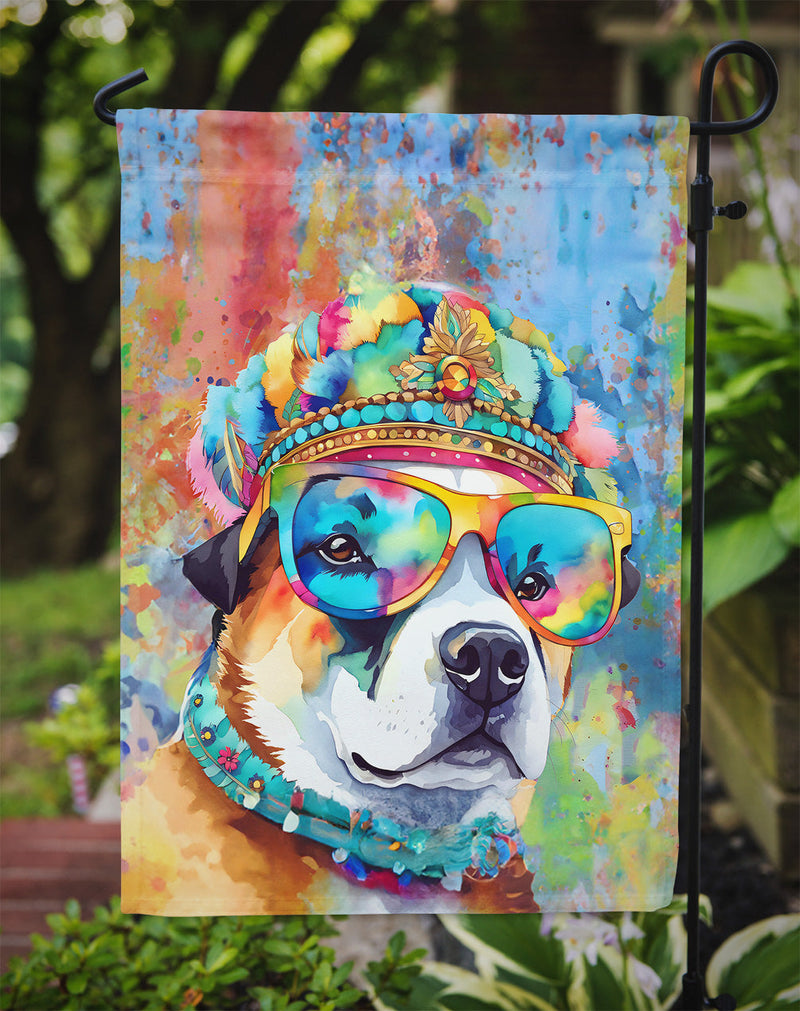 Akita Hippie Dawg Garden Flag – Retro Dog with Sunglasses & Multicolored Background