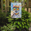 Alaskan Klee Kai Hippie Dawg Garden Flag – Retro Dog with Sunglasses & Multicolored Background