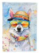 Alaskan Klee Kai Hippie Dawg Garden Flag – Retro Dog with Sunglasses & Multicolored Background