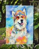 Alaskan Malamute Hippie Dawg Garden Flag – Retro Dog with Sunglasses & Multicolored Background