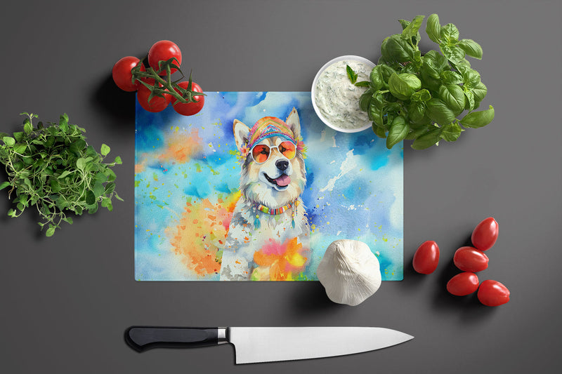 Alaskan Malamute Hippie Dawg Glass Cutting Board Large