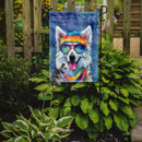 American Eskimo Hippie Dawg Garden Flag – Retro Dog with Sunglasses & Multicolored Background
