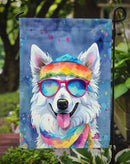 American Eskimo Hippie Dawg Garden Flag – Retro Dog with Sunglasses & Multicolored Background