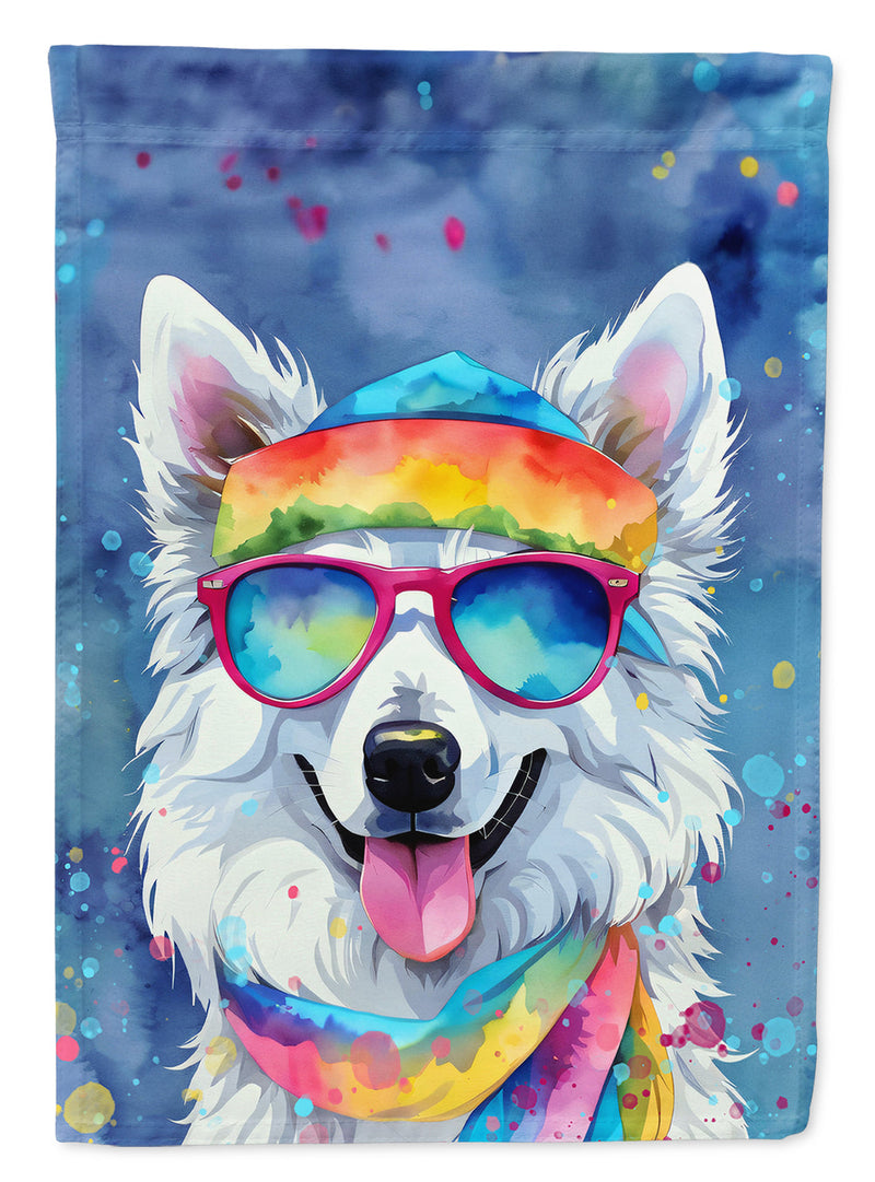 American Eskimo Hippie Dawg Garden Flag – Retro Dog with Sunglasses & Multicolored Background