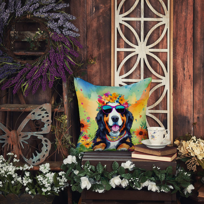 Bernese Mountain Dog Hippie Dawg Throw Pillow - 14x14 Decorative Pillow – Art for Your Home & Patio