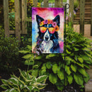 Border Collie Hippie Dawg Garden Flag – Retro Dog with Sunglasses & Multicolored Background