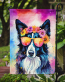 Border Collie Hippie Dawg Garden Flag – Retro Dog with Sunglasses & Multicolored Background