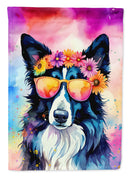 Border Collie Hippie Dawg Garden Flag – Retro Dog with Sunglasses & Multicolored Background
