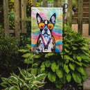 Boston Terrier Hippie Dawg Garden Flag – Retro Dog with Sunglasses & Multicolored Background