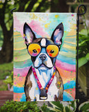 Boston Terrier Hippie Dawg Garden Flag – Retro Dog with Sunglasses & Multicolored Background