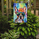 Boston Terrier Hippie Dawg Garden Flag – Retro Dog with Sunglasses & Multicolored Background