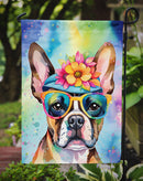 Boston Terrier Hippie Dawg Garden Flag – Retro Dog with Sunglasses & Multicolored Background