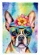 Boston Terrier Hippie Dawg Garden Flag – Retro Dog with Sunglasses & Multicolored Background