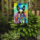 Boston Terrier Hippie Dawg Garden Flag – Retro Dog with Sunglasses & Multicolored Background