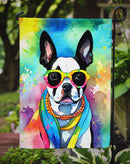 Boston Terrier Hippie Dawg Garden Flag – Retro Dog with Sunglasses & Multicolored Background