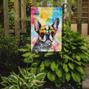 Boston Terrier Hippie Dawg Garden Flag – Retro Dog with Sunglasses & Multicolored Background