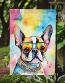 Boston Terrier Hippie Dawg Garden Flag – Retro Dog with Sunglasses & Multicolored Background