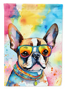 Boston Terrier Hippie Dawg Garden Flag – Retro Dog with Sunglasses & Multicolored Background