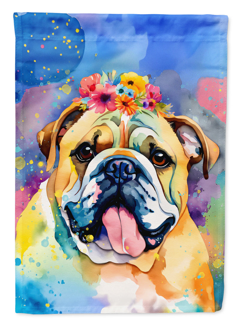 English Bulldog Hippie Dawg Garden Flag – Retro Dog with Sunglasses & Multicolored Background