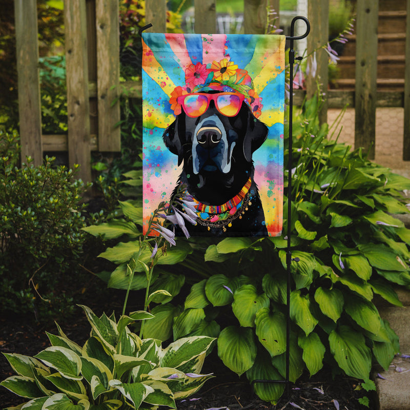 Black Labrador Hippie Dawg Garden Flag – Retro Dog with Sunglasses & Multicolored Background