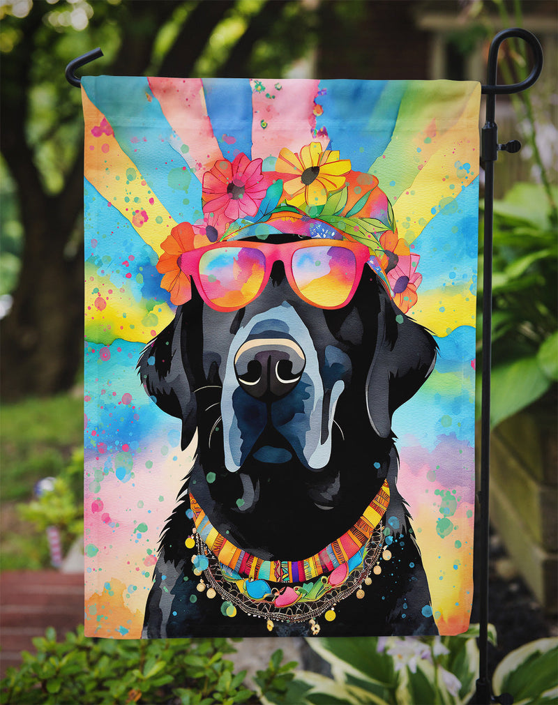 Black Labrador Hippie Dawg Garden Flag – Retro Dog with Sunglasses & Multicolored Background