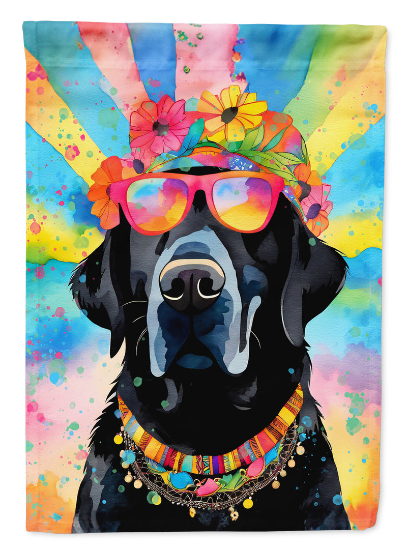 Black Labrador Hippie Dawg Garden Flag – Retro Dog with Sunglasses & Multicolored Background
