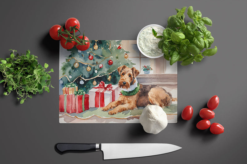 Airedale Terrier Cozy Christmas Glass Cutting Boards – Durable, Decorative Kitchen Art Large