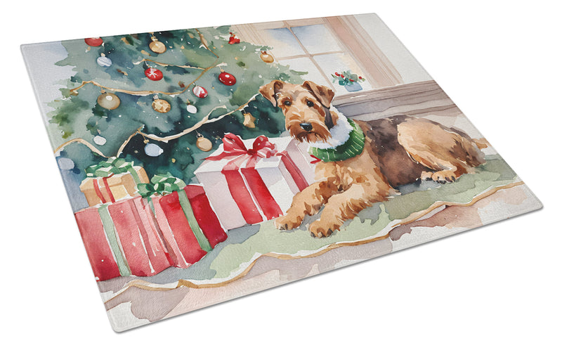Airedale Terrier Cozy Christmas Glass Cutting Boards – Durable, Decorative Kitchen Art Large