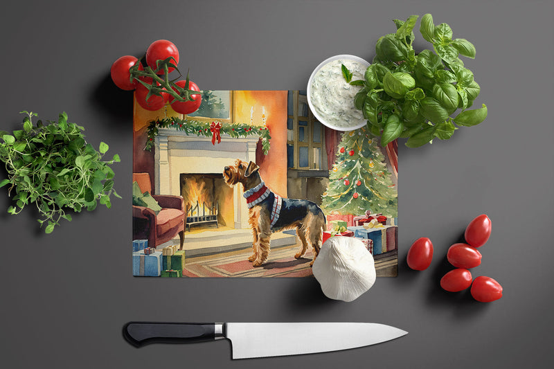 Airedale Terrier Cozy Christmas Glass Cutting Board Large