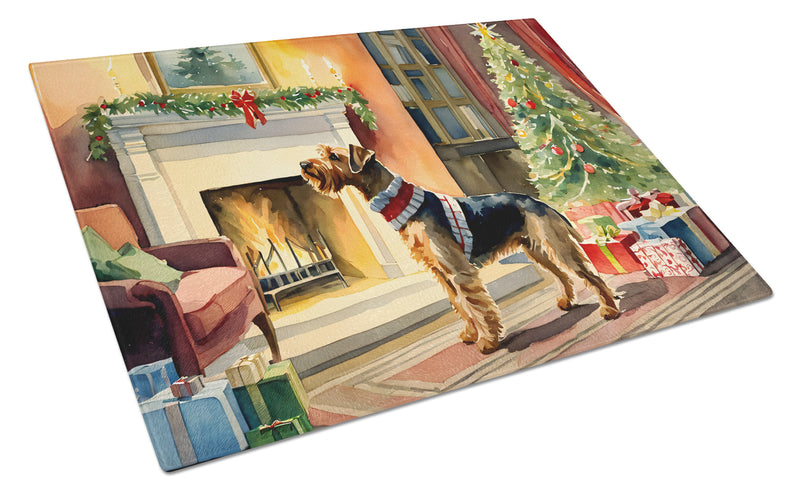 Airedale Terrier Cozy Christmas Glass Cutting Board Large