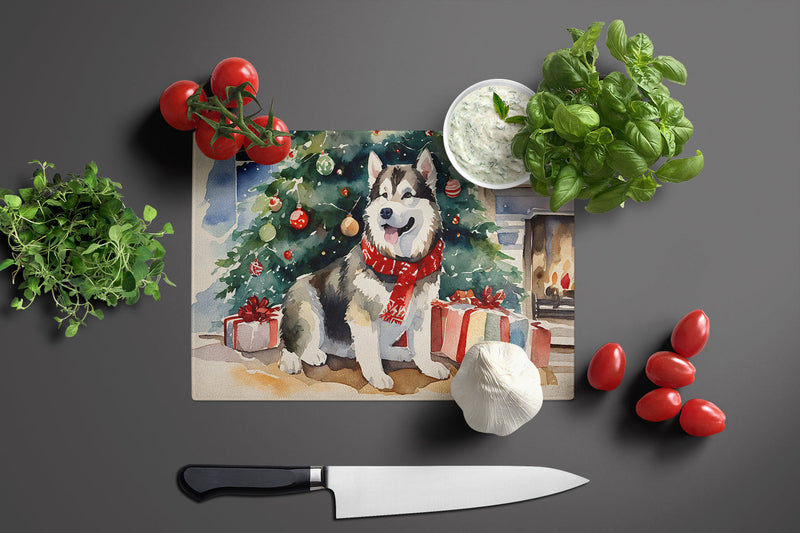 Alaskan Malamute Cozy Christmas Glass Cutting Board Large