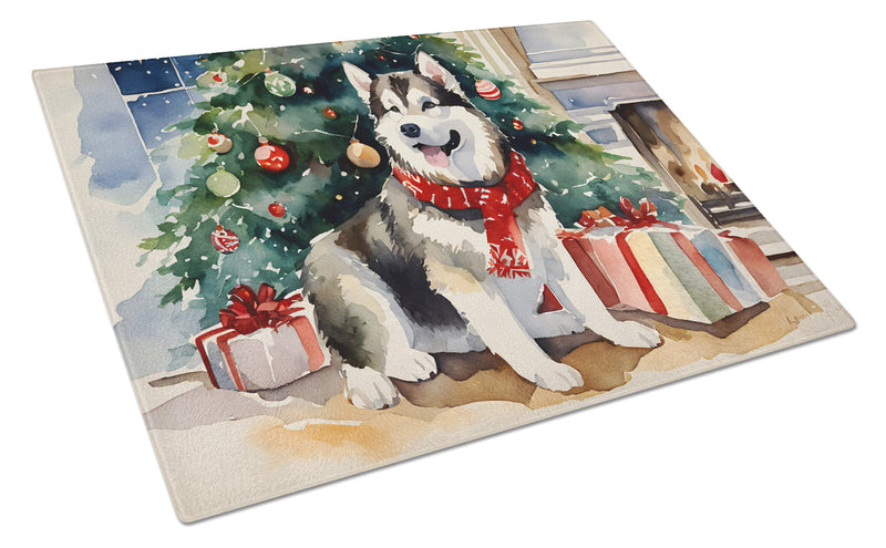 Alaskan Malamute Cozy Christmas Glass Cutting Board Large