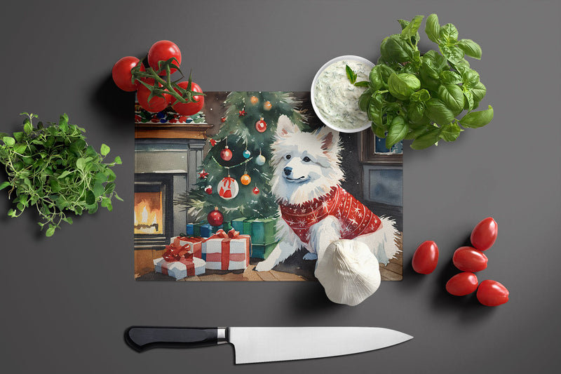 American Eskimo Cozy Christmas Glass Cutting Board Large