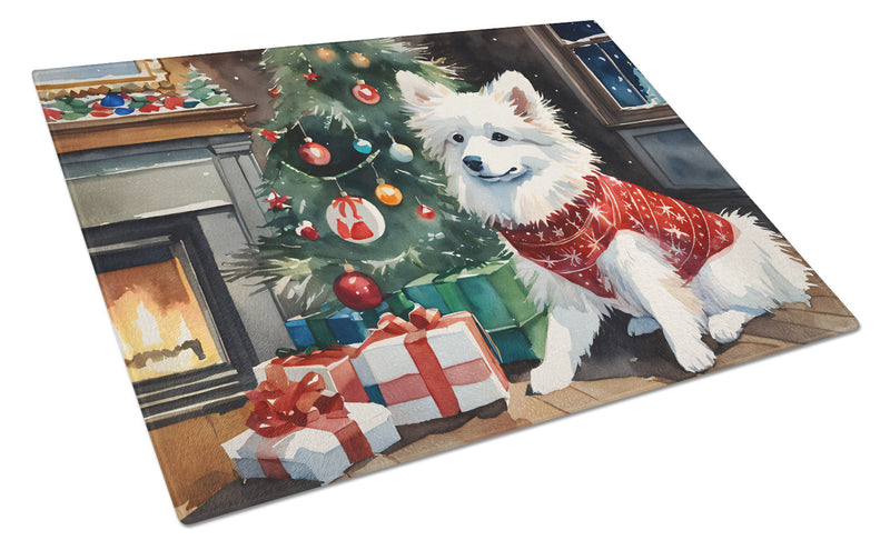 American Eskimo Cozy Christmas Glass Cutting Board Large