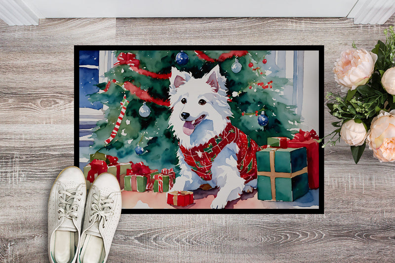 Japanese Spitz Cozy Christmas Doormat - 18X27 Indoor / Outdoor Rug | Made in USA