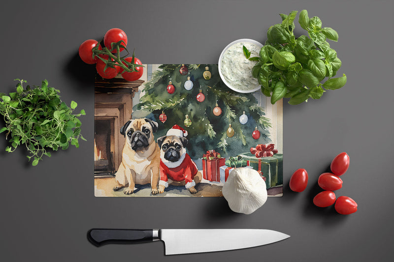 Pug Cozy Christmas Glass Cutting Boards – Durable, Decorative Kitchen Art Large