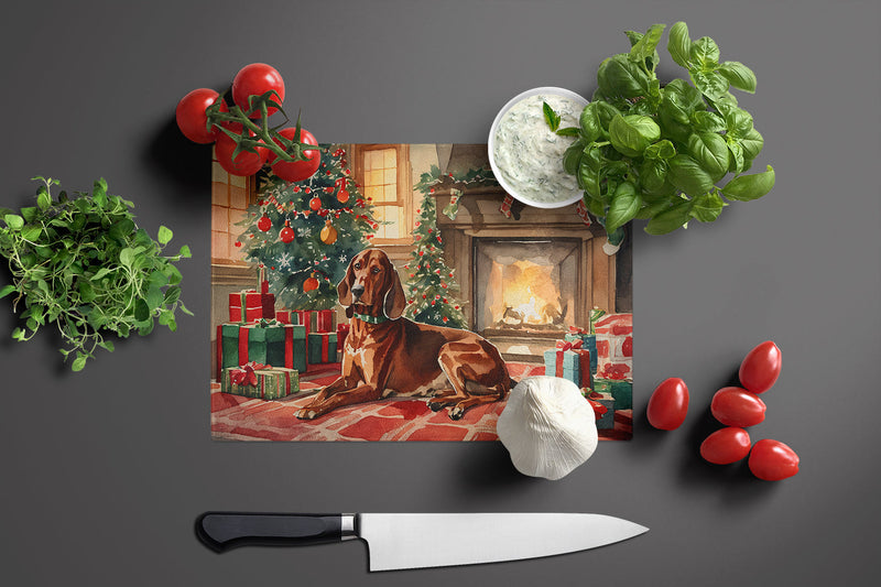 Redbone Coonhound Cozy Christmas Glass Cutting Boards – Durable, Decorative Kitchen Art Large
