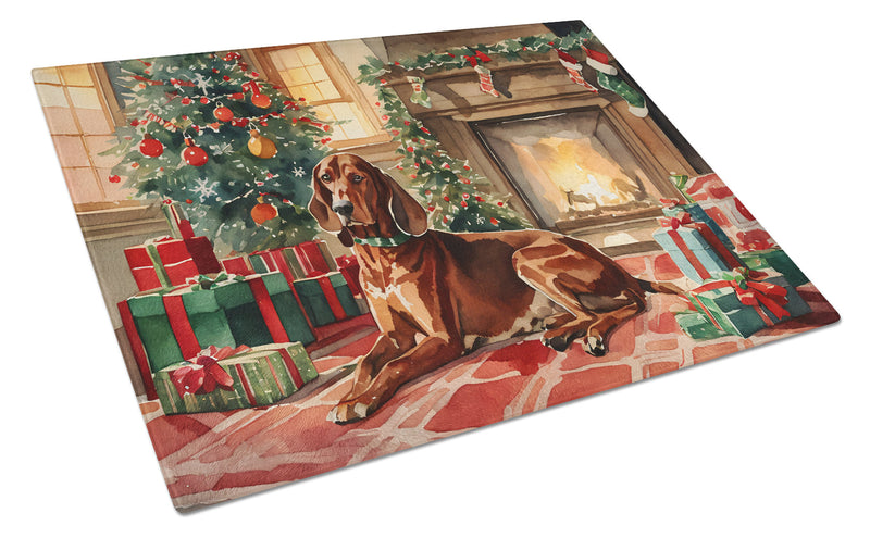 Redbone Coonhound Cozy Christmas Glass Cutting Boards – Durable, Decorative Kitchen Art Large
