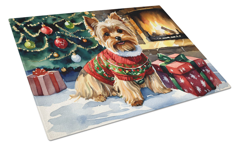 Yorkshire Terrier Cozy Christmas Glass Cutting Board Large