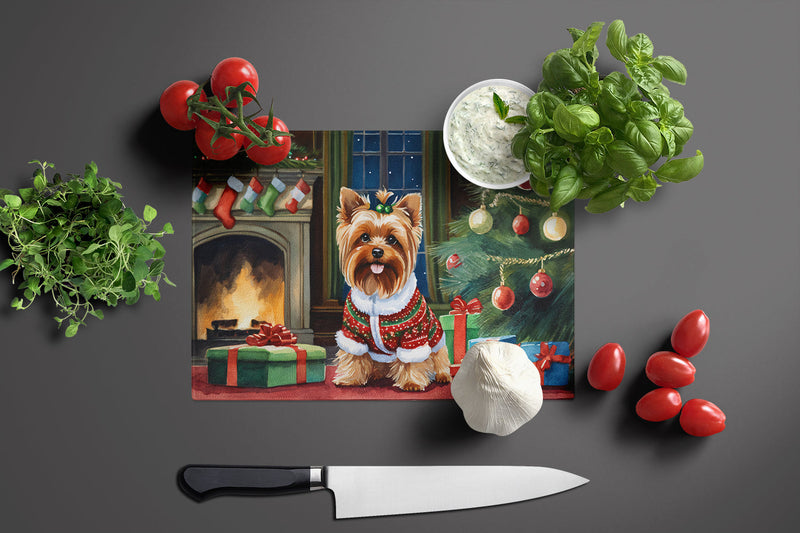 Yorkshire Terrier Cozy Christmas Glass Cutting Board Large