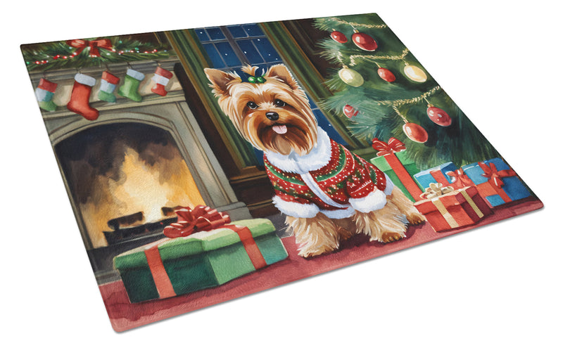 Yorkshire Terrier Cozy Christmas Glass Cutting Board Large