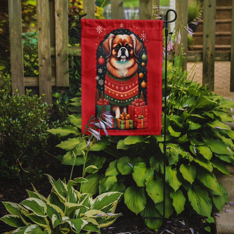Tibetan Spaniel Holiday Christmas Garden Flag – Outdoor Decorative Yard Flag