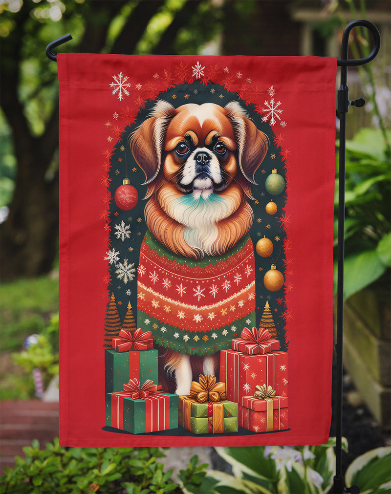 Tibetan Spaniel Holiday Christmas Garden Flag – Outdoor Decorative Yard Flag