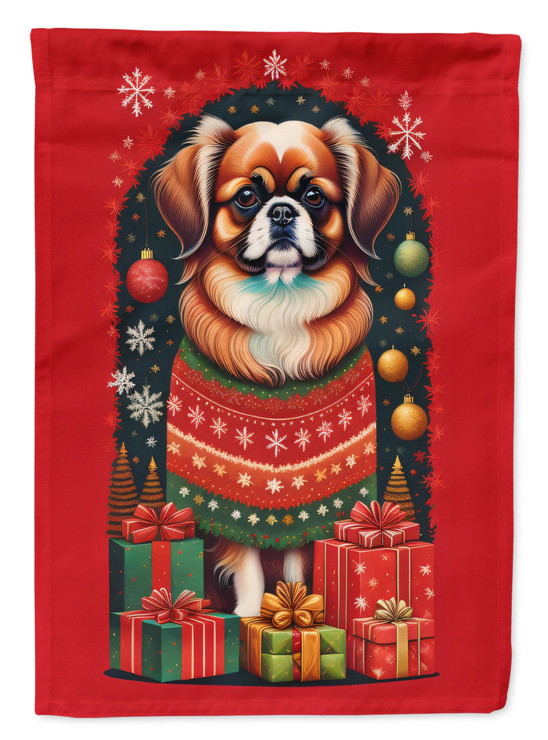 Tibetan Spaniel Holiday Christmas Garden Flag – Outdoor Decorative Yard Flag