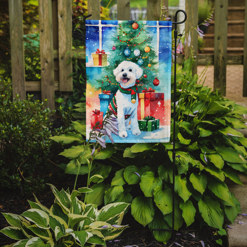 Bichon Frise Christmas Garden Flag – Cozy Dog Holiday Decor with Tree & Presents