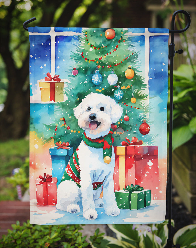 Bichon Frise Christmas Garden Flag – Cozy Dog Holiday Decor with Tree & Presents