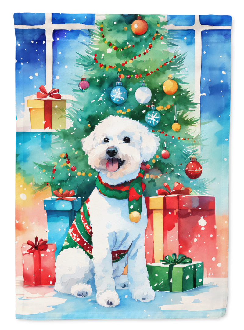Bichon Frise Christmas Garden Flag – Cozy Dog Holiday Decor with Tree & Presents