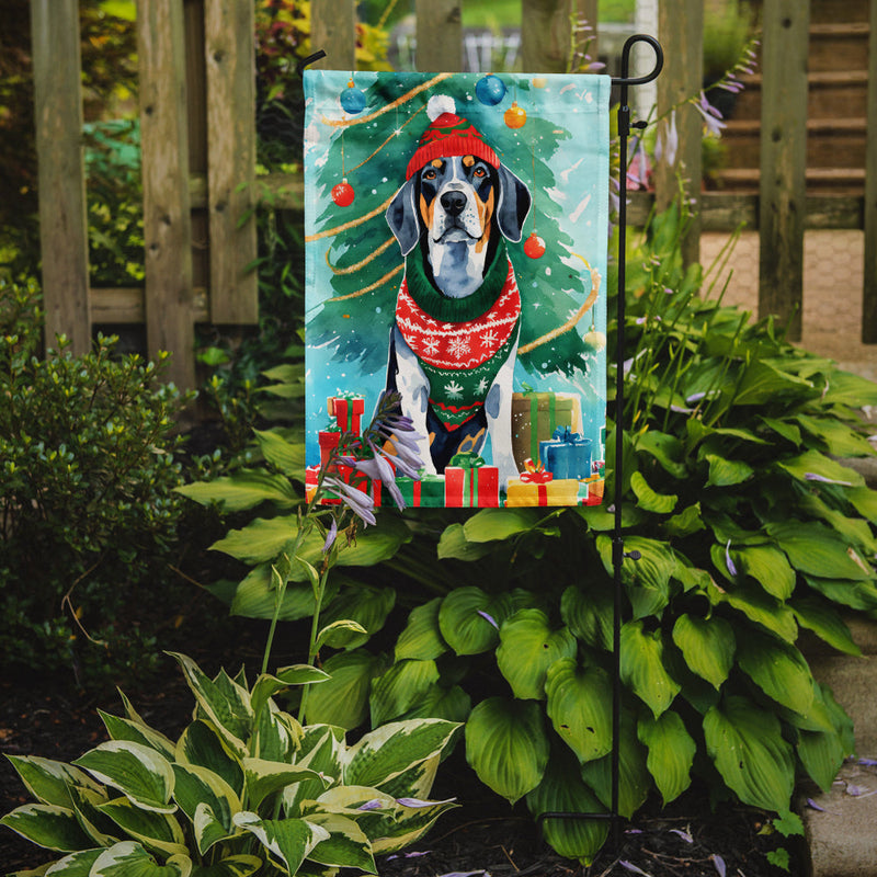 Bluetick Coonhound Christmas Garden Flag – Cozy Dog Holiday Decor with Tree & Presents
