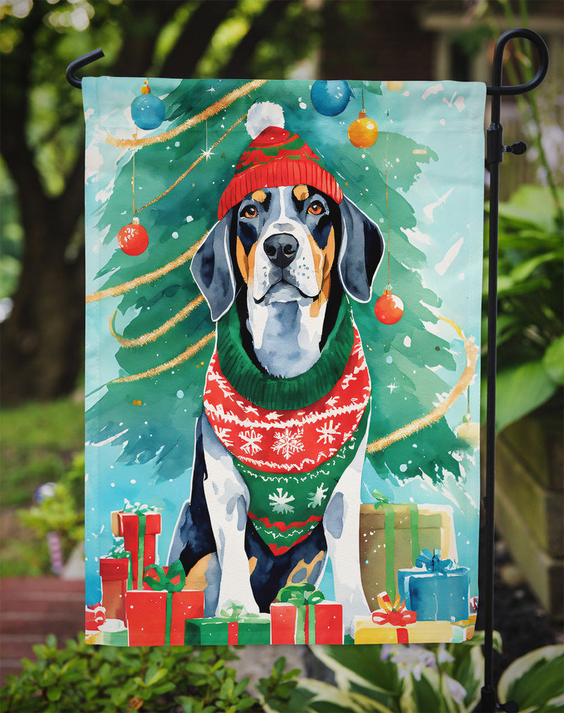 Bluetick Coonhound Christmas Garden Flag – Cozy Dog Holiday Decor with Tree & Presents