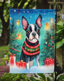 Boston Terrier Christmas Garden Flag – Cozy Dog Holiday Decor with Tree & Presents